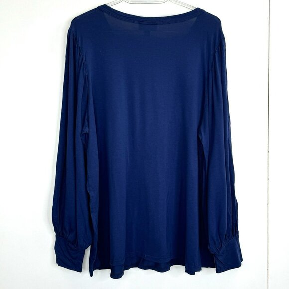 Modcloth Top Womens Plus Size 2X Long Balloon Sleeve Solid Blue Round Neck Shirt - Picture 4 of 5